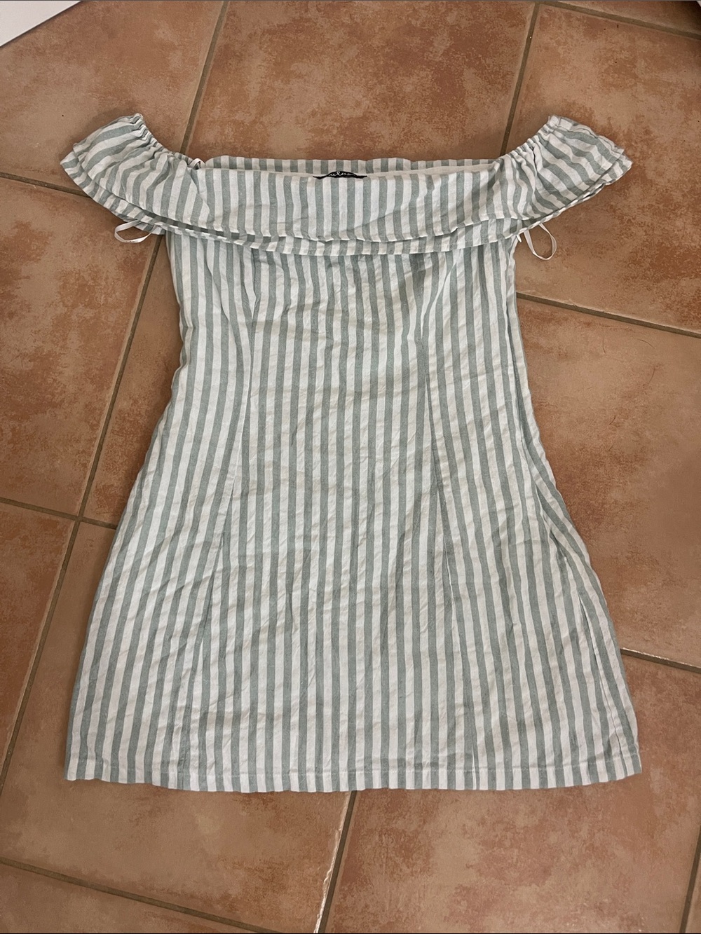 Striped Off-Shoulder Summer Dress in Light Green and White